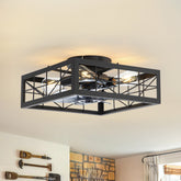 15.8 inch Caged Flush Mount Ceiling Fans with Lights and Remote, Modern Square Low Profile Ceiling Fan, Small Farmhouse Bladeless Ceiling Fan for Bedroom, Kitchen, Indoor